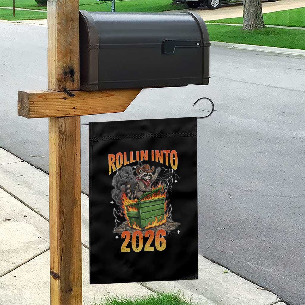 Dumpster Fire Raccoon Meme for Surviving 2025 Garden Flag Rollin Into 2026 Trash Panda Energy TS02 Print Your Wear
