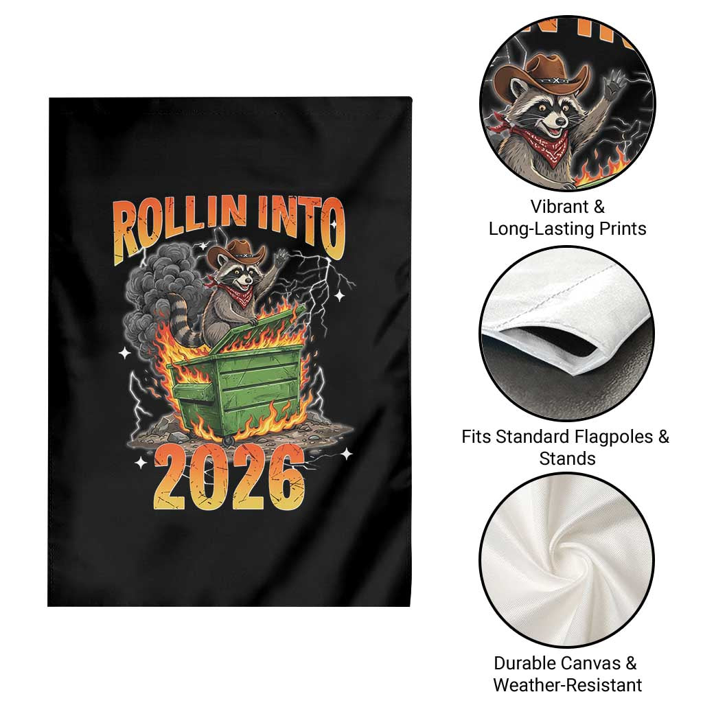 Dumpster Fire Raccoon Meme for Surviving 2025 Garden Flag Rollin Into 2026 Trash Panda Energy TS02 Print Your Wear