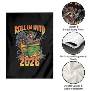 Dumpster Fire Raccoon Meme for Surviving 2025 Garden Flag Rollin Into 2026 Trash Panda Energy TS02 Print Your Wear
