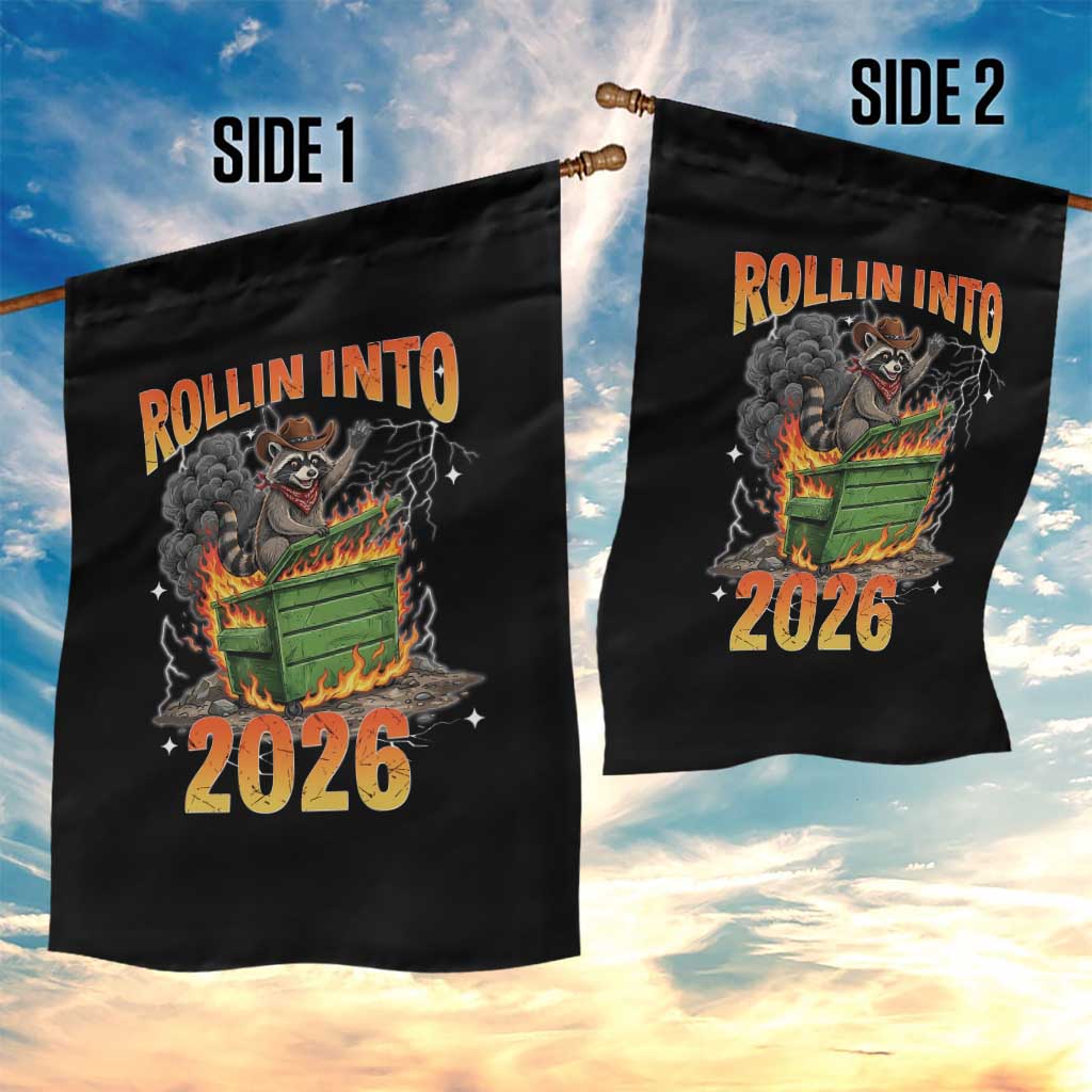 Dumpster Fire Raccoon Meme for Surviving 2025 Garden Flag Rollin Into 2026 Trash Panda Energy TS02 Print Your Wear