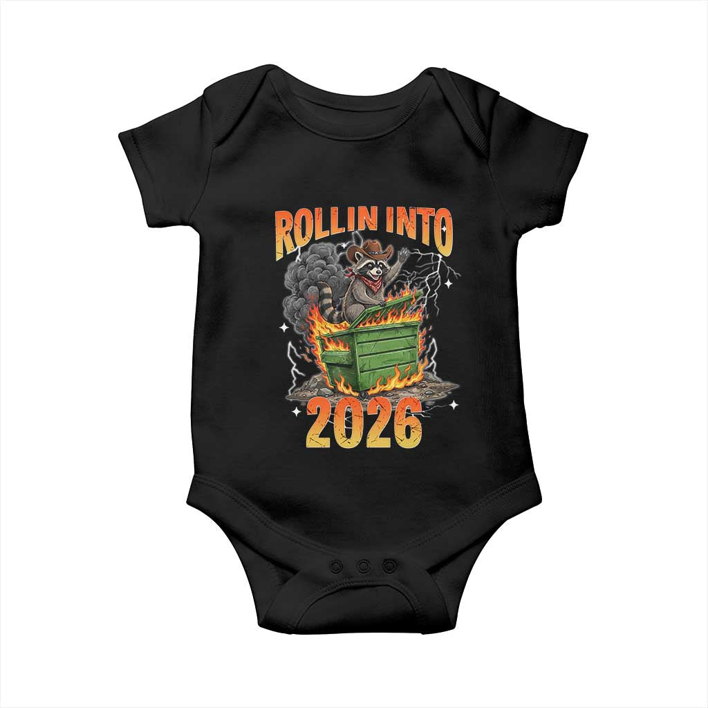 Dumpster Fire Raccoon Meme for Surviving 2025 Baby Onesie Rollin Into 2026 Trash Panda Energy TS02 Black Print Your Wear