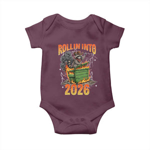 Dumpster Fire Raccoon Meme for Surviving 2025 Baby Onesie Rollin Into 2026 Trash Panda Energy TS02 Maroon Print Your Wear