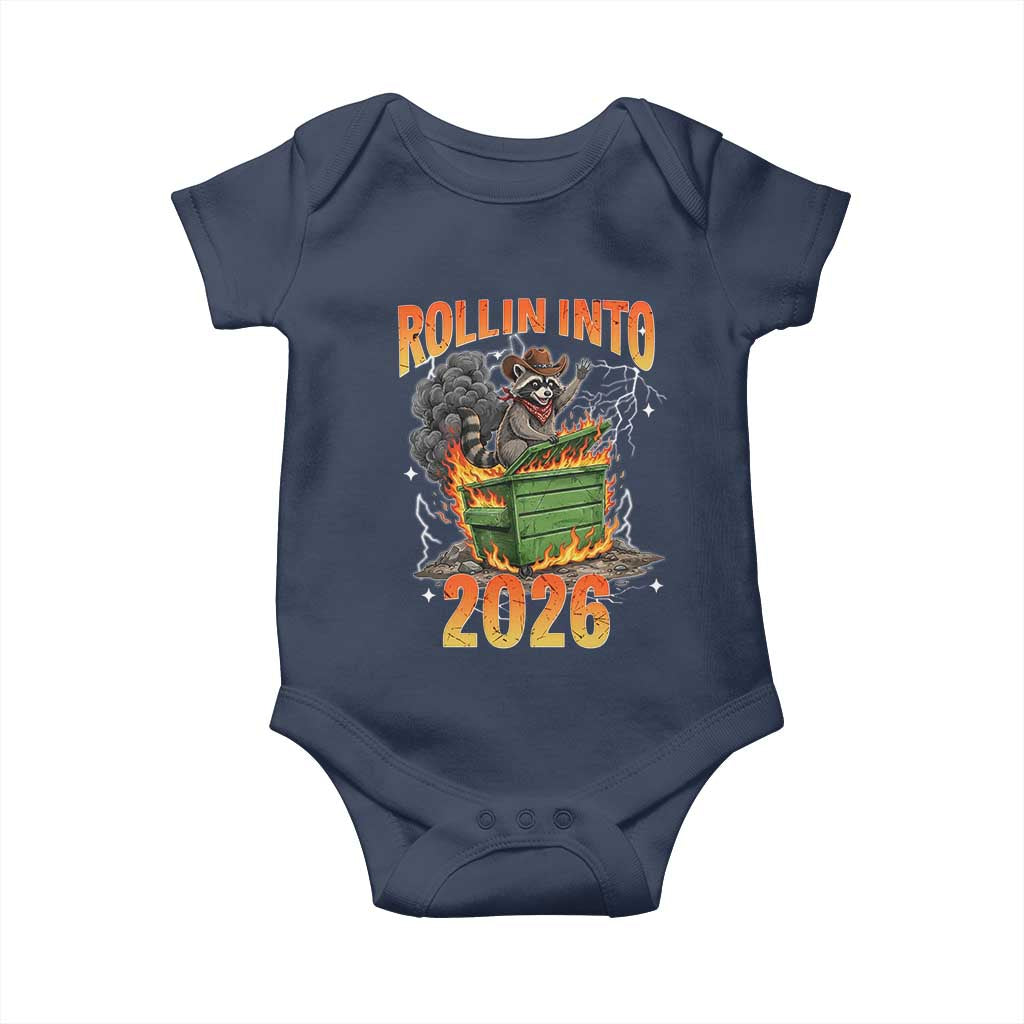 Dumpster Fire Raccoon Meme for Surviving 2025 Baby Onesie Rollin Into 2026 Trash Panda Energy TS02 Navy Print Your Wear