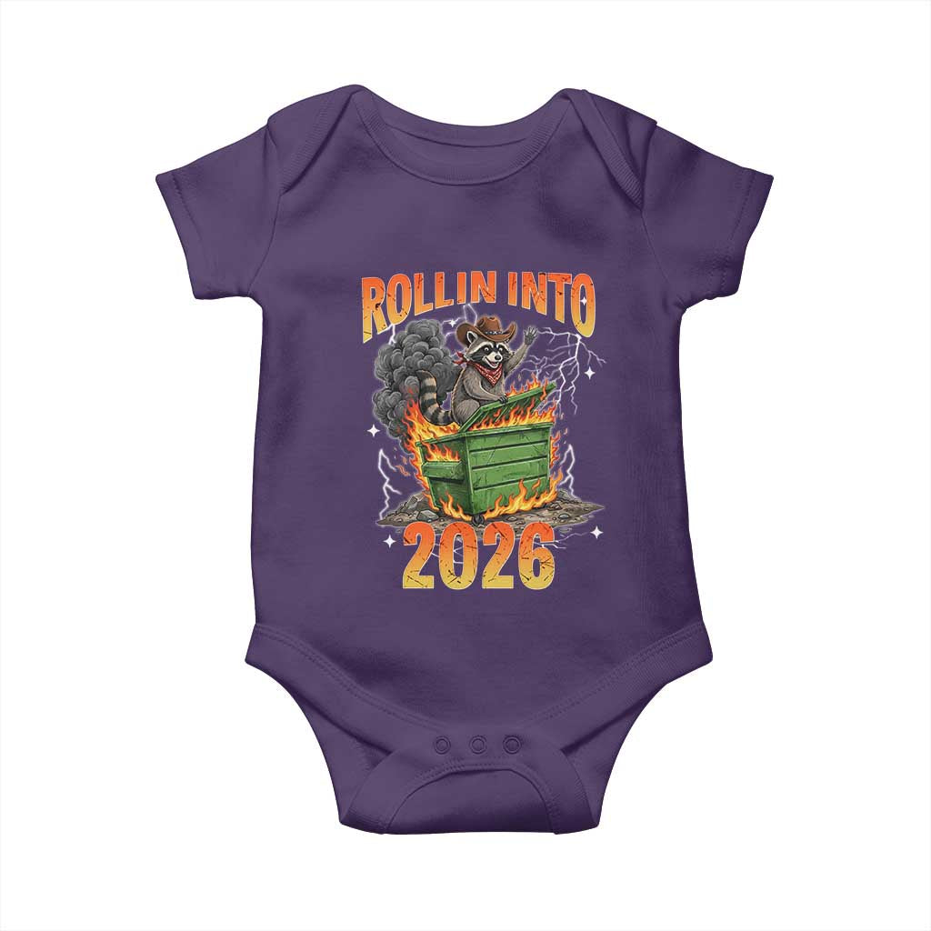 Dumpster Fire Raccoon Meme for Surviving 2025 Baby Onesie Rollin Into 2026 Trash Panda Energy TS02 Purple Print Your Wear