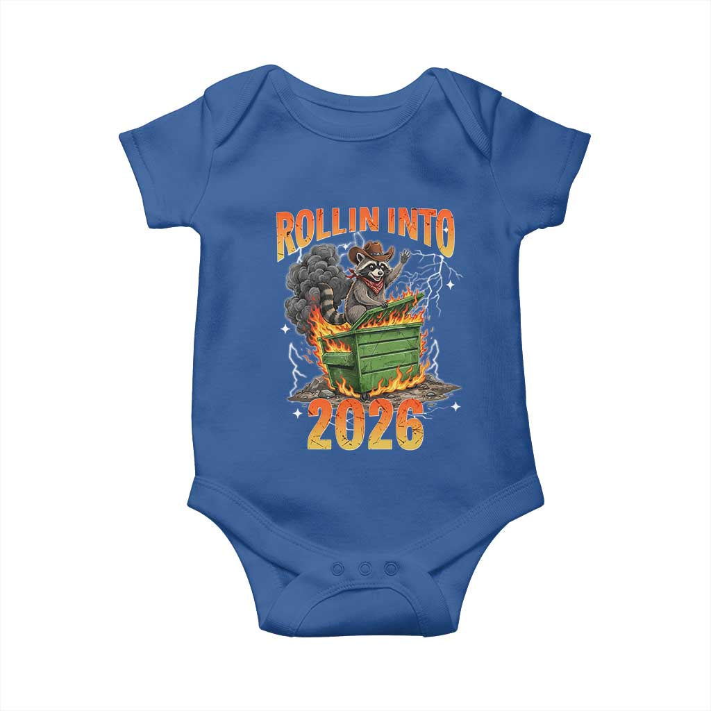 Dumpster Fire Raccoon Meme for Surviving 2025 Baby Onesie Rollin Into 2026 Trash Panda Energy TS02 Royal Blue Print Your Wear