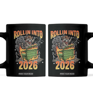 Dumpster Fire Raccoon Meme for Surviving 2025 Coffee Mug Rollin Into 2026 Trash Panda Energy TS02 Black Print Your Wear