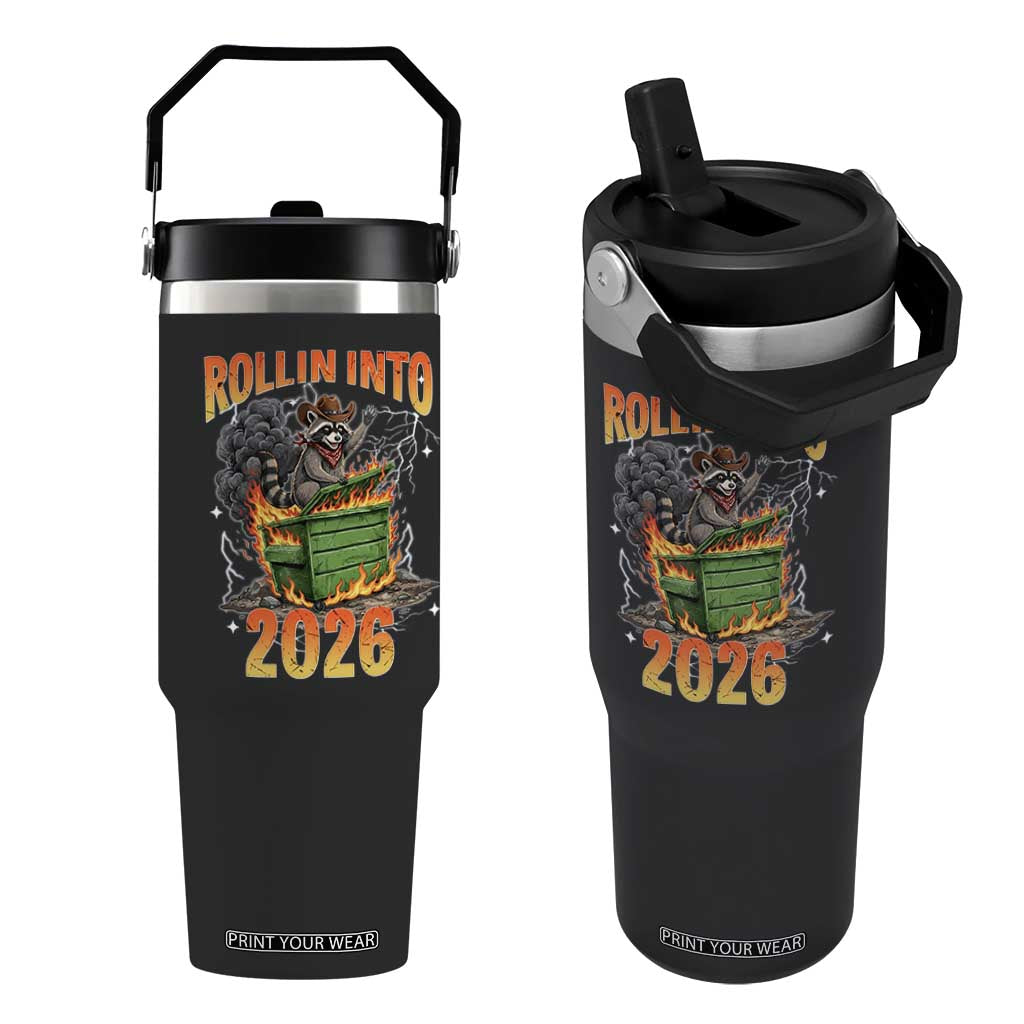 Dumpster Fire Raccoon Meme for Surviving 2025 Flip Straw Tumbler Rollin Into 2026 Trash Panda Energy TS02 One Size: 30 oz Black Print Your Wear