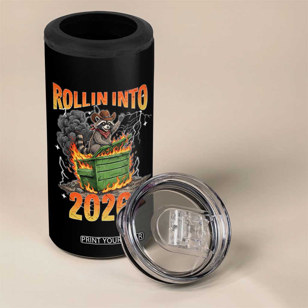 Dumpster Fire Raccoon Meme for Surviving 2025 4 in 1 Can Cooler Tumbler Rollin Into 2026 Trash Panda Energy TS02 Print Your Wear