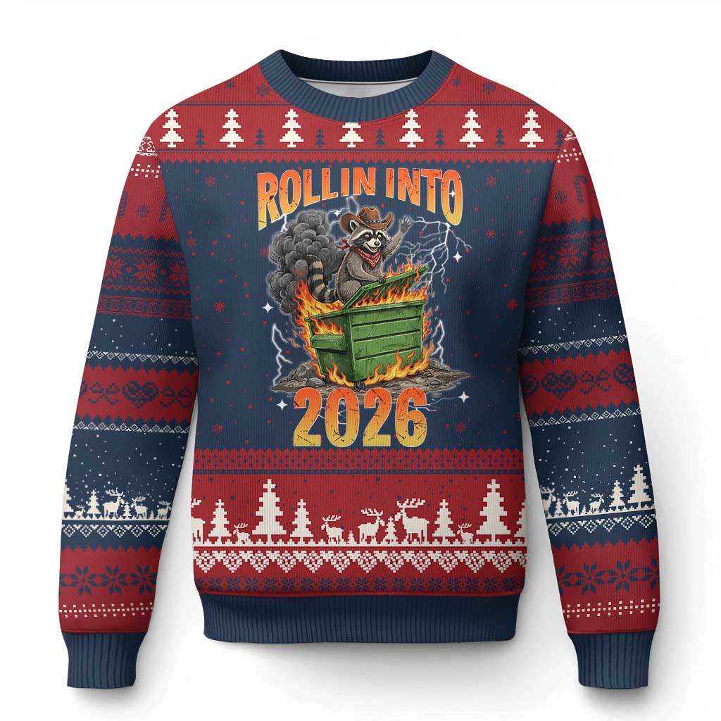 Dumpster Fire Raccoon Meme for Surviving 2025 Ugly Christmas Sweater Rollin Into 2026 Trash Panda Energy TS02 Navy Red Print Your Wear