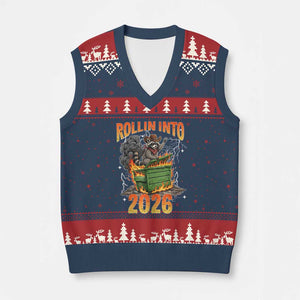 Dumpster Fire Raccoon Meme for Surviving 2025 V-Neck Knit Sweater Vest Rollin Into 2026 Trash Panda Energy TS02 Navy Red Print Your Wear