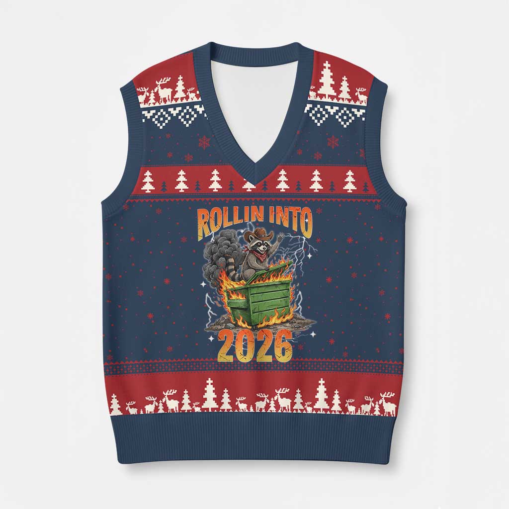 Dumpster Fire Raccoon Meme for Surviving 2025 V-Neck Knit Sweater Vest Rollin Into 2026 Trash Panda Energy TS02 Navy Red Print Your Wear