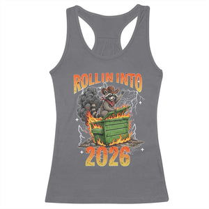 Dumpster Fire Raccoon Meme for Surviving 2025 Racerback Tank Top Rollin Into 2026 Trash Panda Energy TS02 Charcoal Print Your Wear
