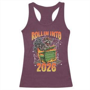 Dumpster Fire Raccoon Meme for Surviving 2025 Racerback Tank Top Rollin Into 2026 Trash Panda Energy TS02 Maroon Print Your Wear