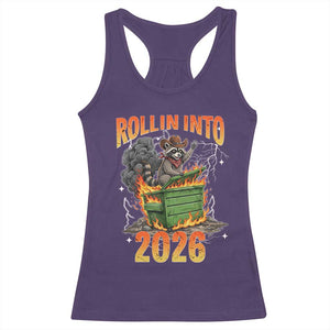 Dumpster Fire Raccoon Meme for Surviving 2025 Racerback Tank Top Rollin Into 2026 Trash Panda Energy TS02 Purple Print Your Wear