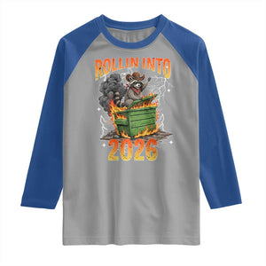 Dumpster Fire Raccoon Meme for Surviving 2025 Raglan Shirt Rollin Into 2026 Trash Panda Energy TS02 Sport Gray Royal Print Your Wear