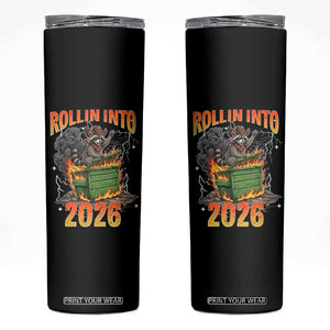 Dumpster Fire Raccoon Meme for Surviving 2025 Skinny Tumbler Rollin Into 2026 Trash Panda Energy TS02 Black Print Your Wear