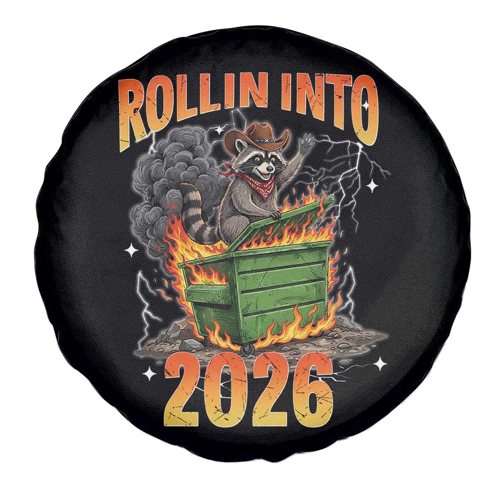 Dumpster Fire Raccoon Meme for Surviving 2025 Spare Tire Cover Rollin Into 2026 Trash Panda Energy TS02 Print Your Wear