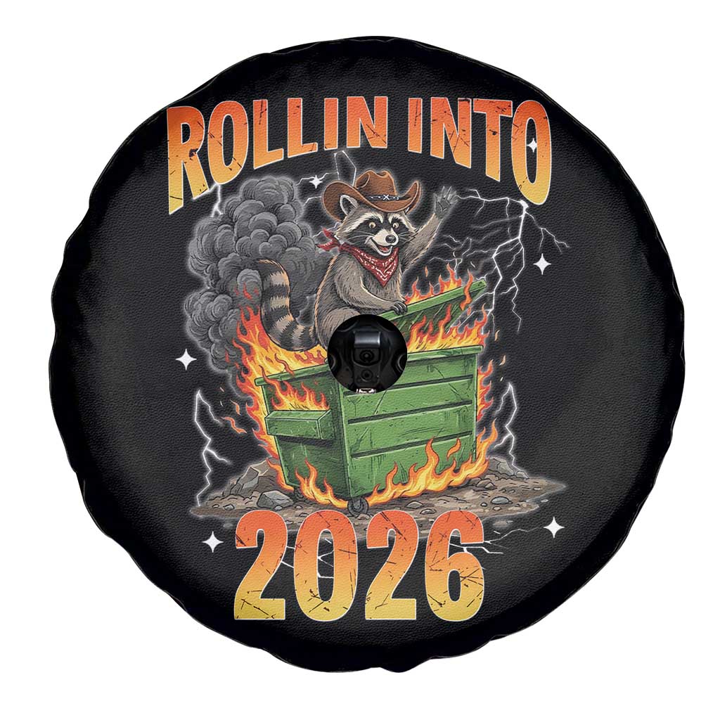 Dumpster Fire Raccoon Meme for Surviving 2025 Spare Tire Cover Rollin Into 2026 Trash Panda Energy TS02 Print Your Wear