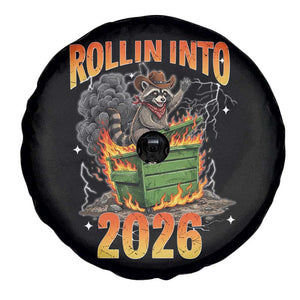 Dumpster Fire Raccoon Meme for Surviving 2025 Spare Tire Cover Rollin Into 2026 Trash Panda Energy TS02 Print Your Wear