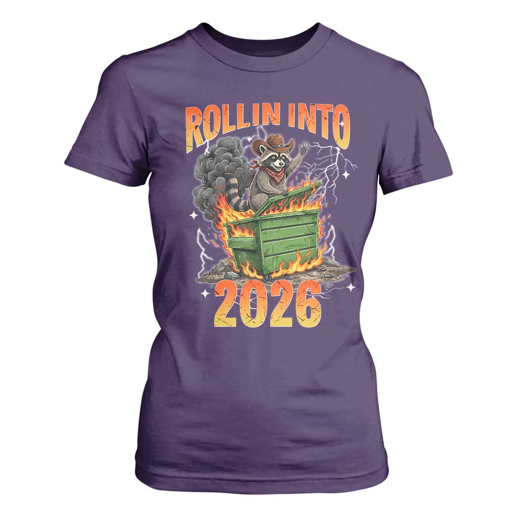 Dumpster Fire Raccoon Meme for Surviving 2025 T Shirt For Women Rollin Into 2026 Trash Panda Energy TS02 Purple Print Your Wear