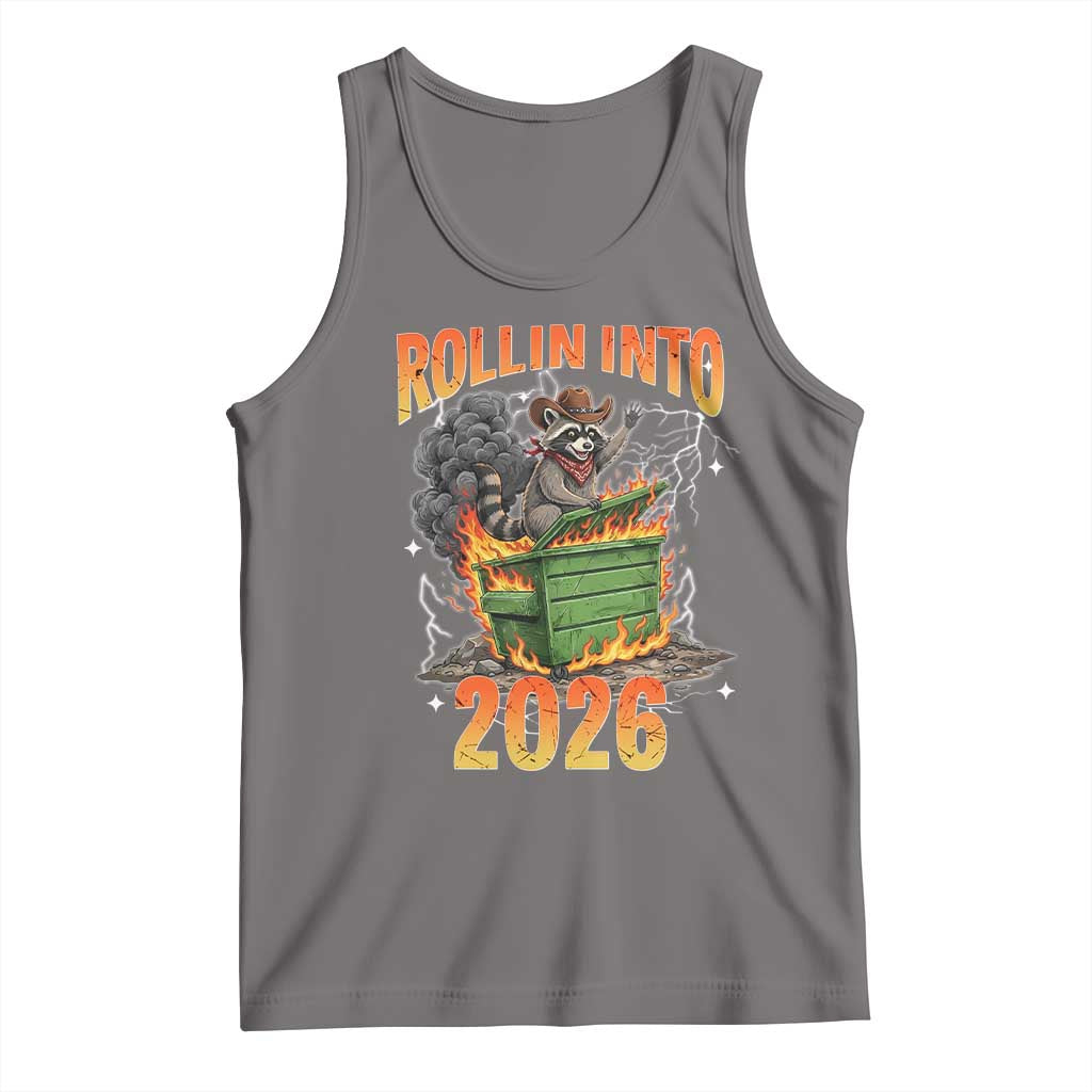 Dumpster Fire Raccoon Meme for Surviving 2025 Tank Top Rollin Into 2026 Trash Panda Energy TS02 Deep Heather Print Your Wear