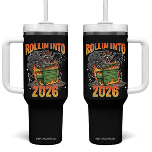 Dumpster Fire Raccoon Meme for Surviving 2025 Tumbler With Handle Rollin Into 2026 Trash Panda Energy TS02 One Size: 40 oz Black Print Your Wear