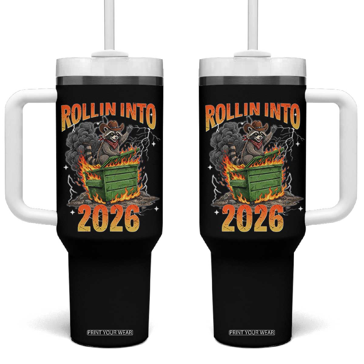 Dumpster Fire Raccoon Meme for Surviving 2025 Tumbler With Handle Rollin Into 2026 Trash Panda Energy TS02 One Size: 40 oz Black Print Your Wear