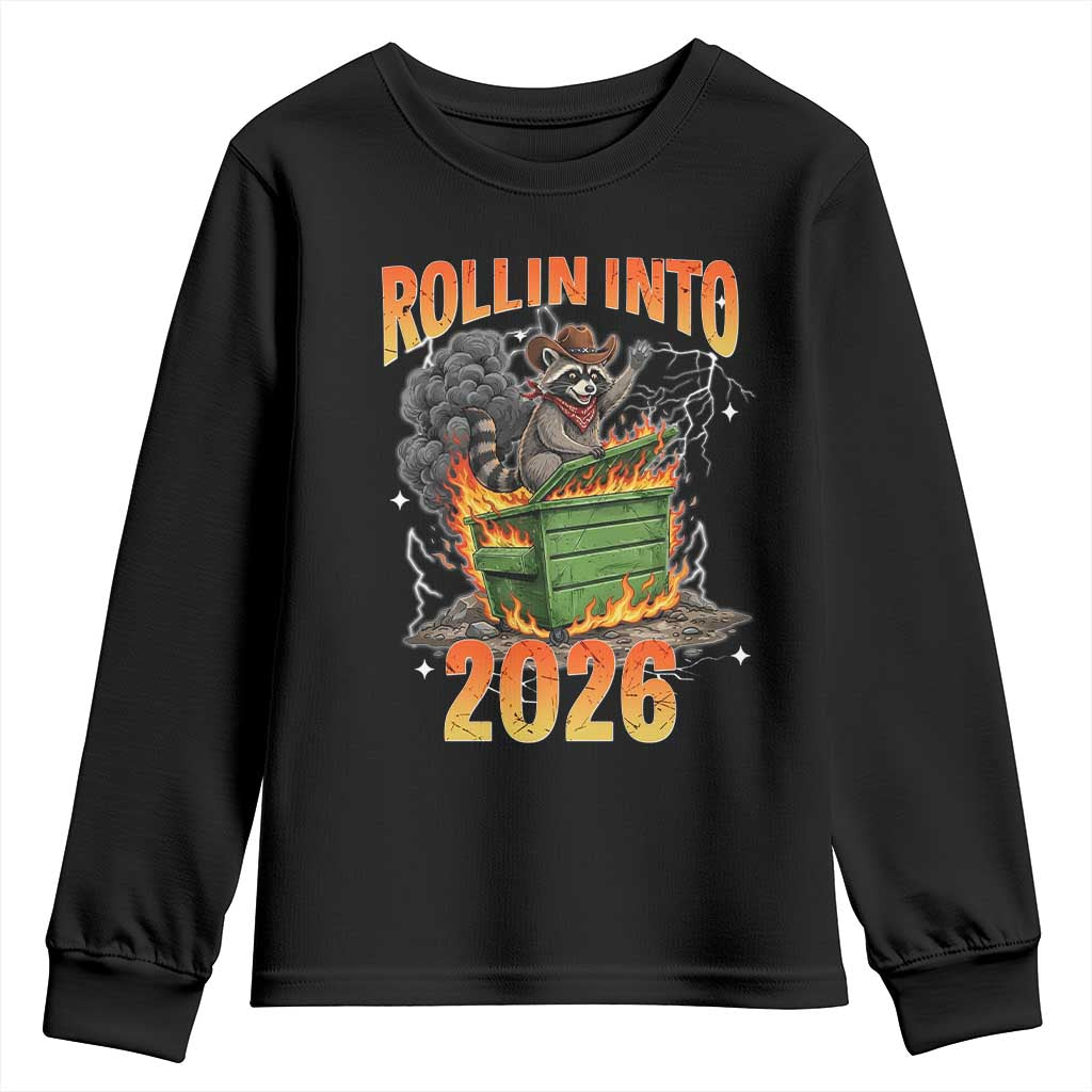 Dumpster Fire Raccoon Meme for Surviving 2025 Youth Sweatshirt Rollin Into 2026 Trash Panda Energy TS02 Black Print Your Wear