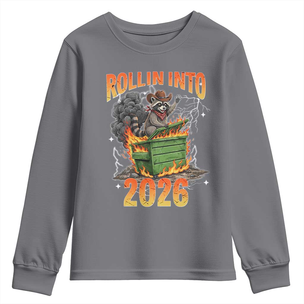 Dumpster Fire Raccoon Meme for Surviving 2025 Youth Sweatshirt Rollin Into 2026 Trash Panda Energy TS02 Charcoal Print Your Wear