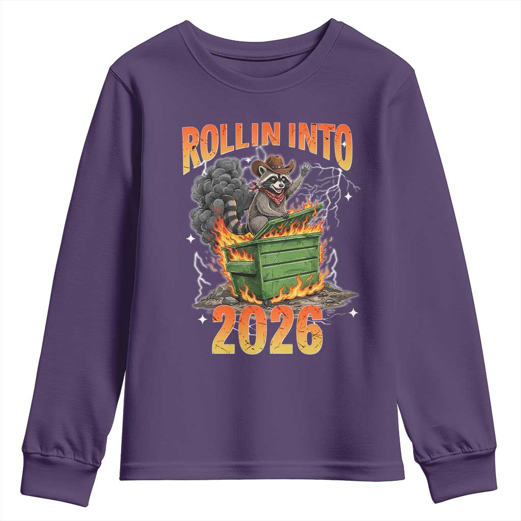 Dumpster Fire Raccoon Meme for Surviving 2025 Youth Sweatshirt Rollin Into 2026 Trash Panda Energy TS02 Purple Print Your Wear