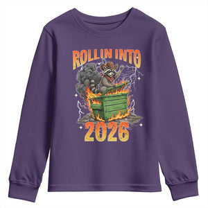 Dumpster Fire Raccoon Meme for Surviving 2025 Youth Sweatshirt Rollin Into 2026 Trash Panda Energy TS02 Purple Print Your Wear