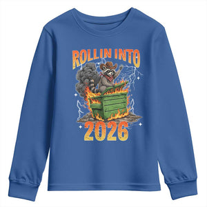 Dumpster Fire Raccoon Meme for Surviving 2025 Youth Sweatshirt Rollin Into 2026 Trash Panda Energy TS02 Royal Blue Print Your Wear