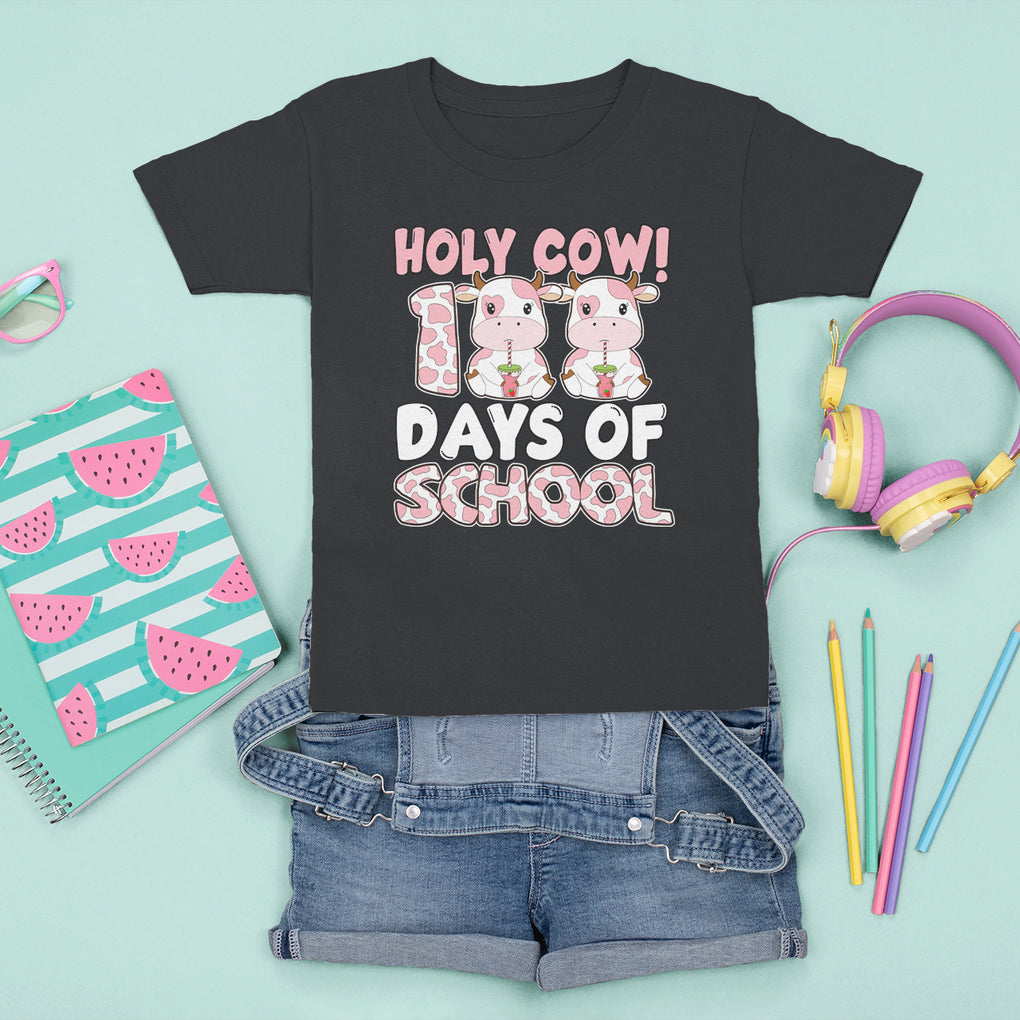 Holy Cow 100 Days of School T Shirt For Kid Cute Pink Dairy Cattle TS02 Black Printyourwear