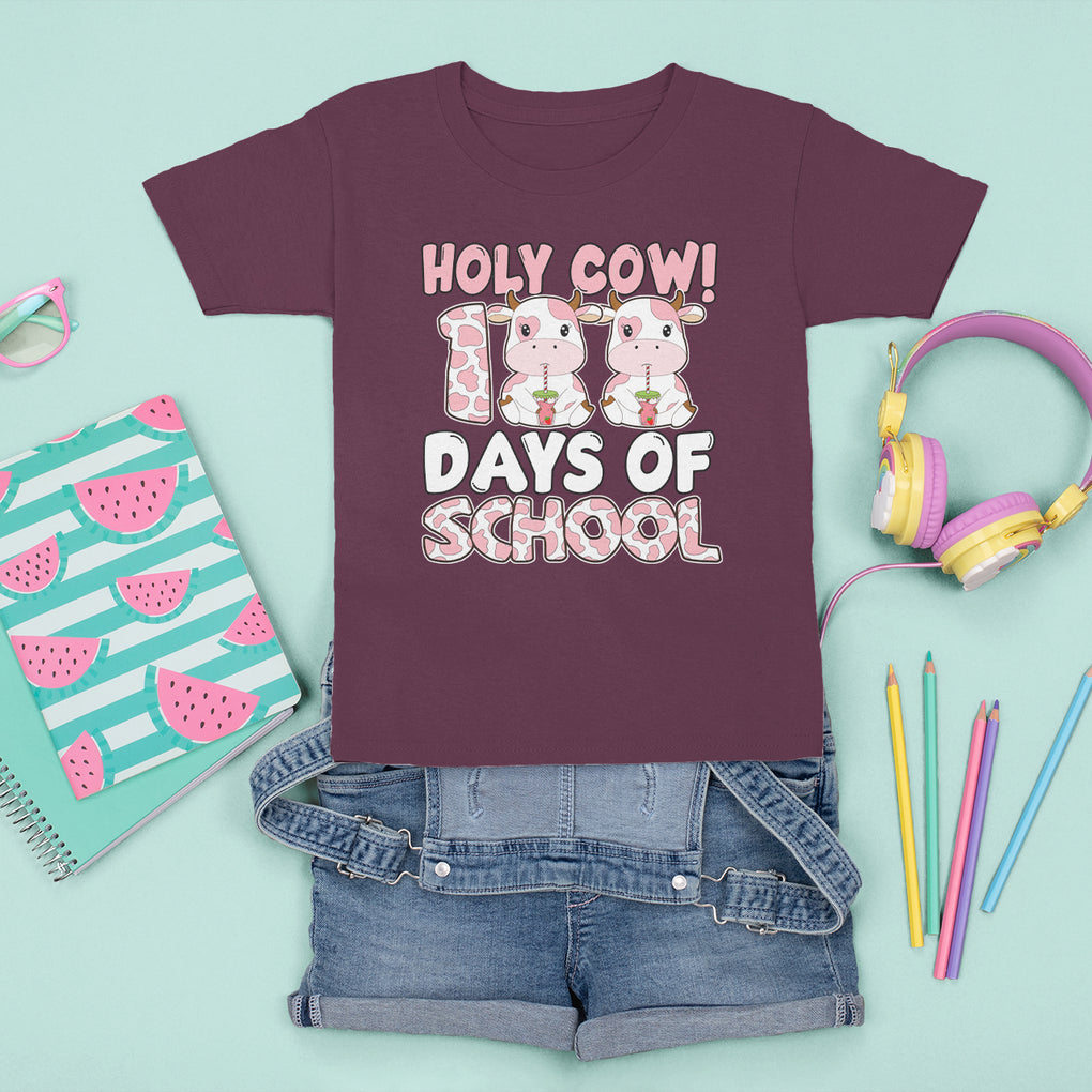 Holy Cow 100 Days of School T Shirt For Kid Cute Pink Dairy Cattle TS02 Maroon Printyourwear