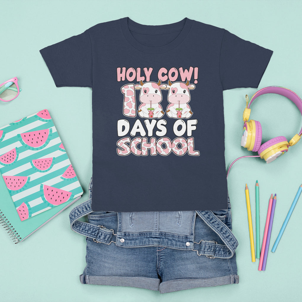 Holy Cow 100 Days of School T Shirt For Kid Cute Pink Dairy Cattle TS02 Navy Printyourwear