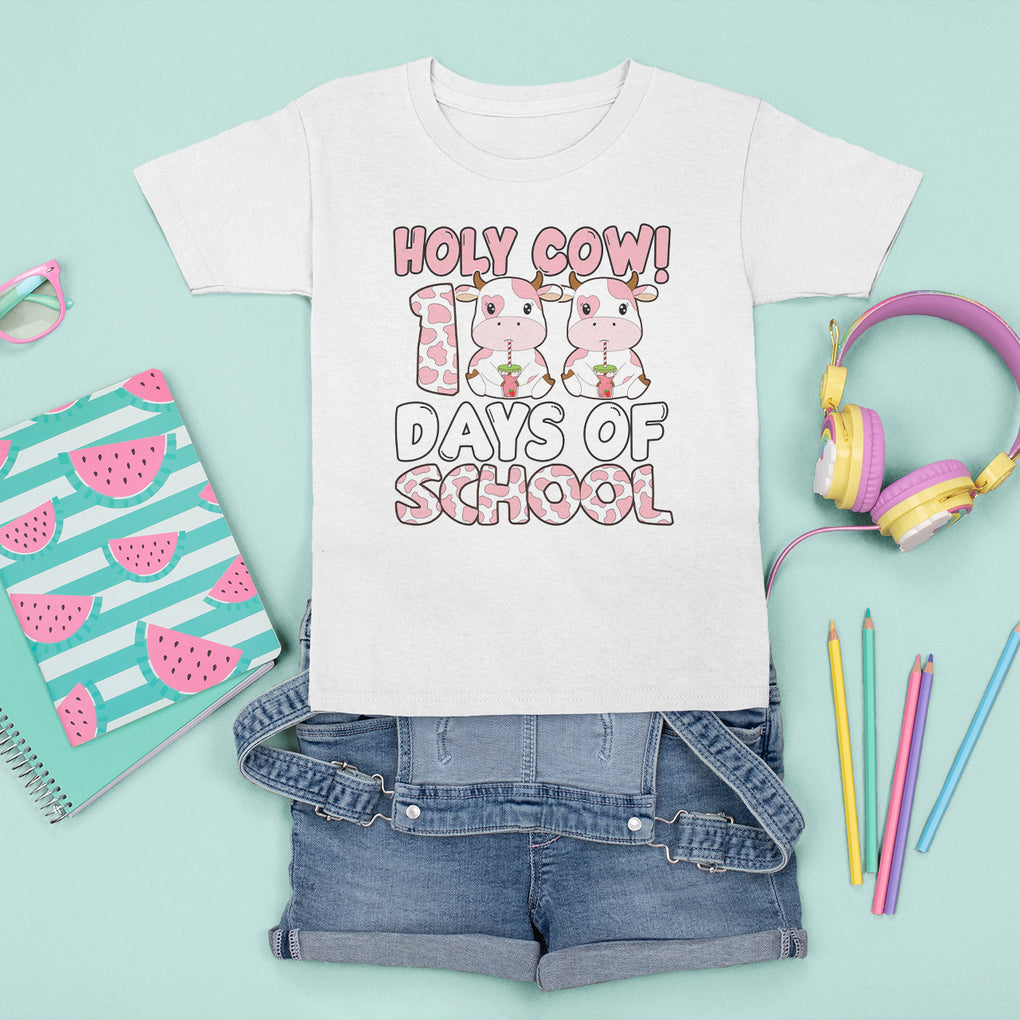 Holy Cow 100 Days of School T Shirt For Kid Cute Pink Dairy Cattle TS02 White Printyourwear