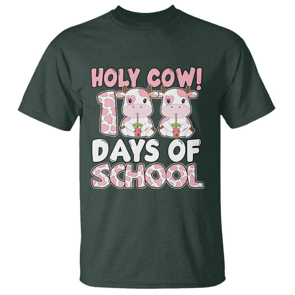Holy Cow 100 Days of School T Shirt Cute Pink Dairy Cattle TS02 Dark Forest Green Printyourwear