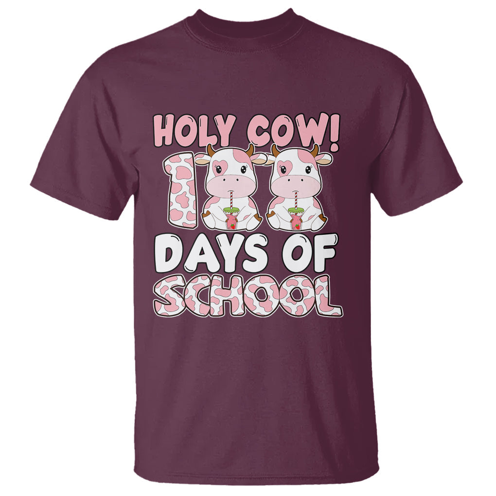 Holy Cow 100 Days of School T Shirt Cute Pink Dairy Cattle TS02 Maroon Printyourwear