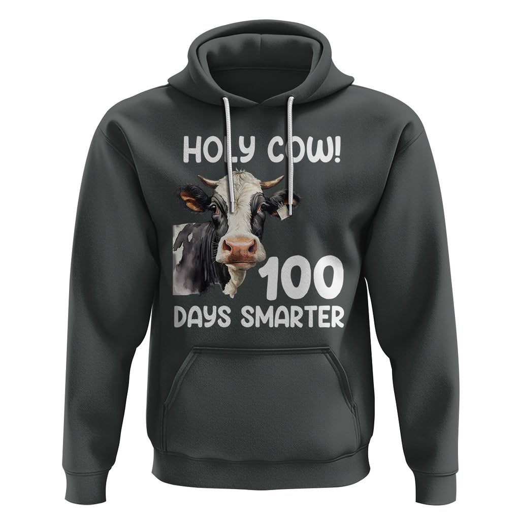Holy Cow 100 Days of School Hoodie 100 Days Smarter Funny Moo Dairy Cattle TS02 Dark Heather Printyourwear