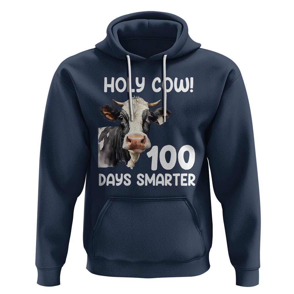 Holy Cow 100 Days of School Hoodie 100 Days Smarter Funny Moo Dairy Cattle TS02 Navy Printyourwear