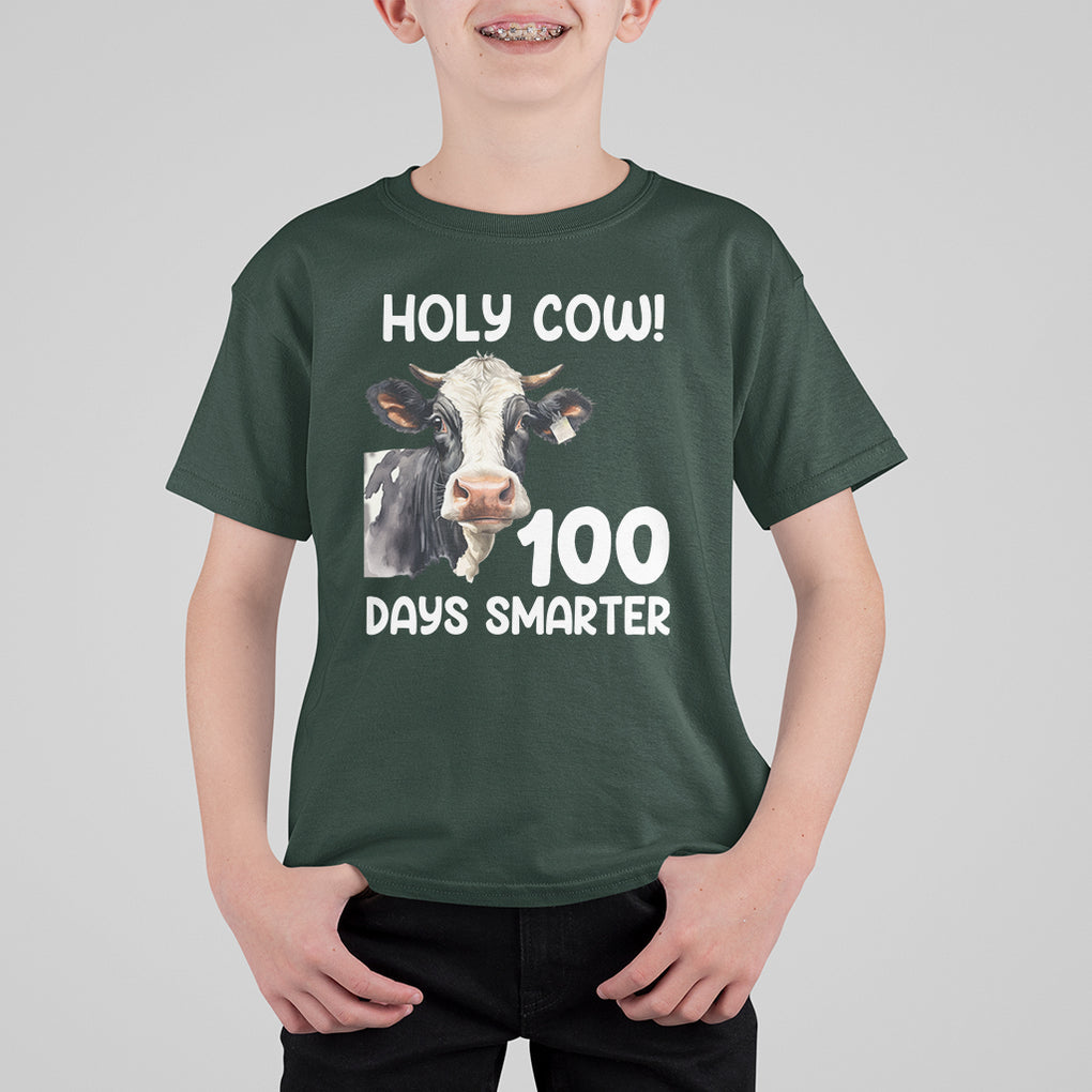 Holy Cow 100 Days of School T Shirt For Kid 100 Days Smarter Funny Moo Dairy Cattle TS02 Dark Forest Green Printyourwear