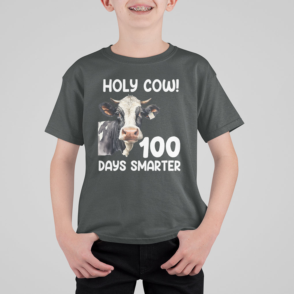 Holy Cow 100 Days of School T Shirt For Kid 100 Days Smarter Funny Moo Dairy Cattle TS02 Dark Heather Printyourwear