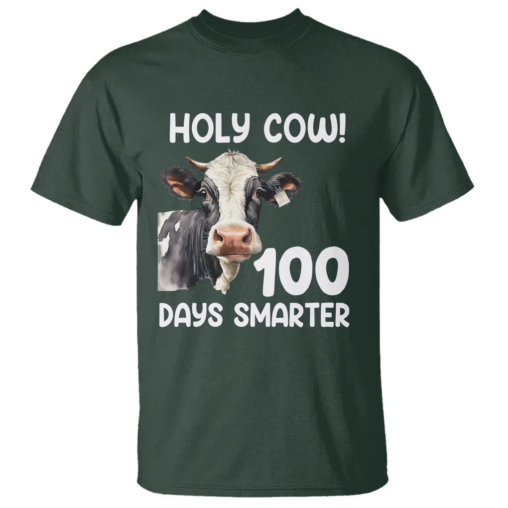 Holy Cow 100 Days of School T Shirt 100 Days Smarter Funny Moo Dairy Cattle TS02 Dark Forest Green Printyourwear