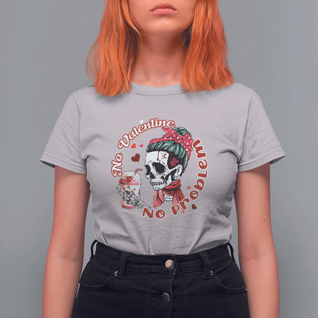 Single Skeleton T Shirt For Women Messy Bun Skull No Valetine No Problem Anti Valentines TS02 Ice Gray Printyourwear