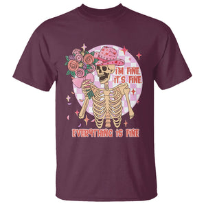 Skeleton Anti Valentine T Shirt I'm Fine It's Fine Everything's Fine Retro Pink Funny Western Cowboy TS02 Maroon Printyourwear