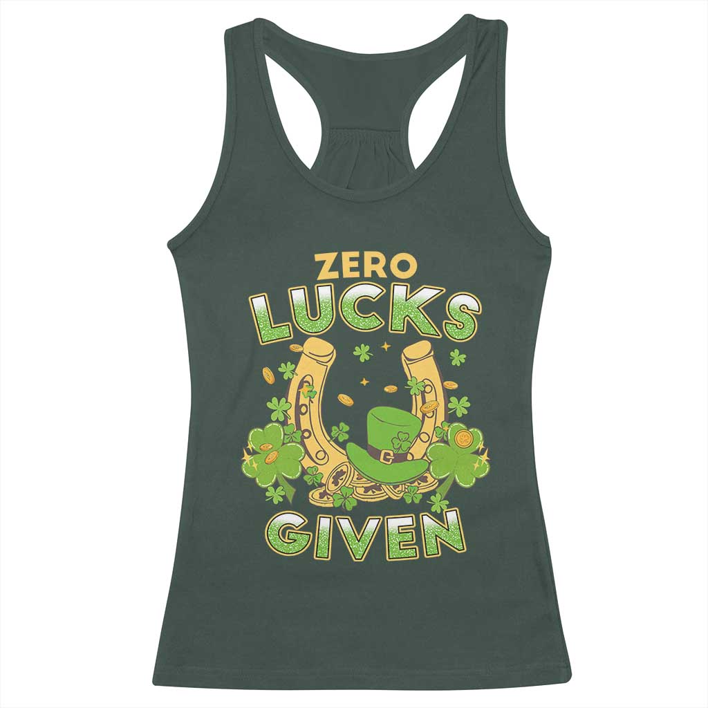 Funny St Patricks Day Racerback Tank Top Zero Lucks Given Irish Shamrock TS02 Dark Forest Green Print Your Wear