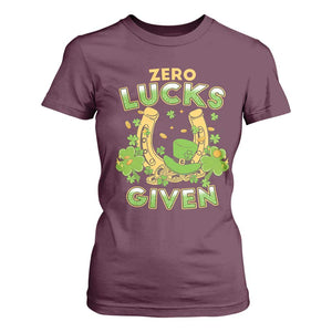 Funny St Patricks Day T Shirt For Women Zero Lucks Given Irish Shamrock TS02 Maroon Print Your Wear