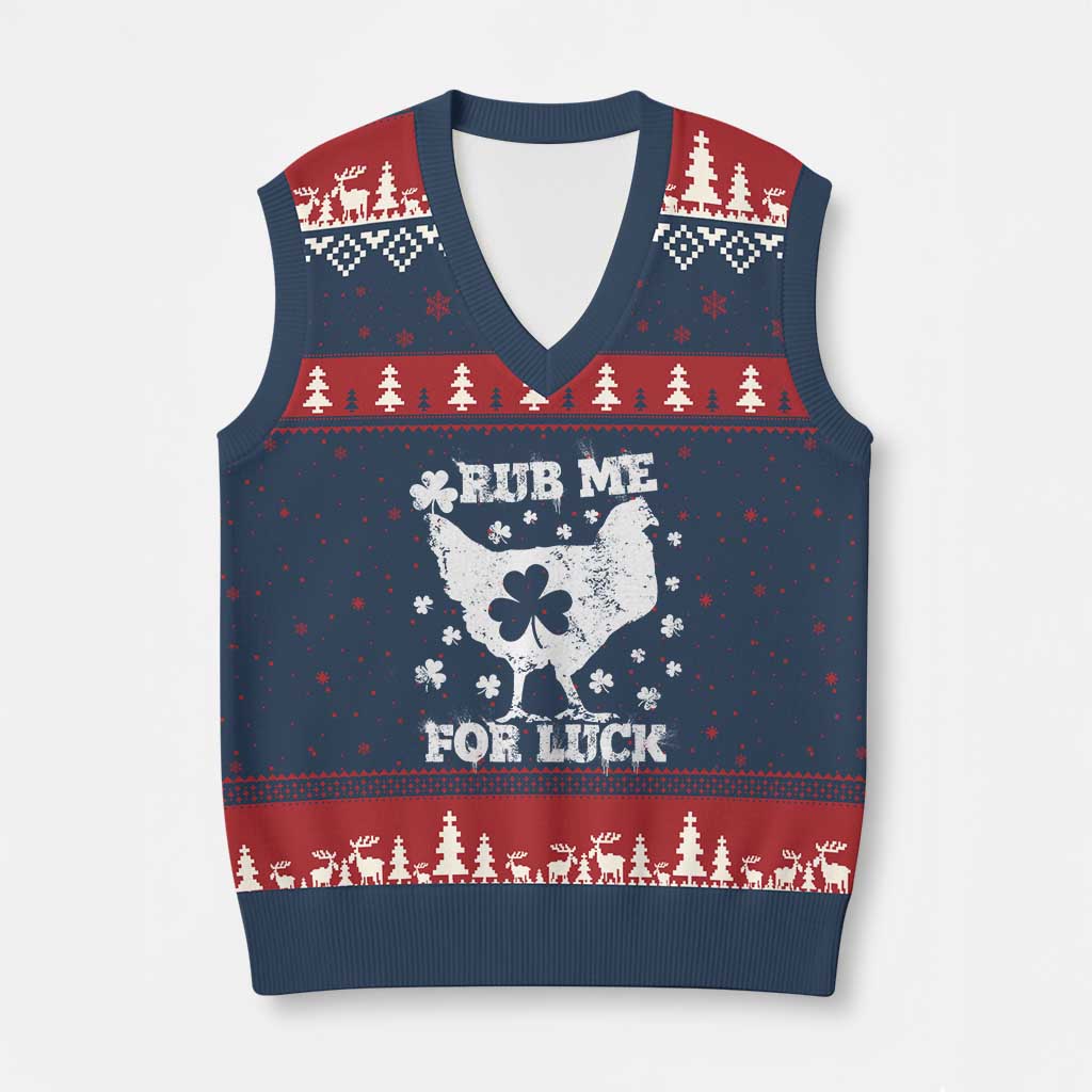 Funny St Patricks Day V-Neck Knit Sweater Vest Rub Me For Luck Shamrock Irish Cock Chicken TS02 Navy Red Print Your Wear