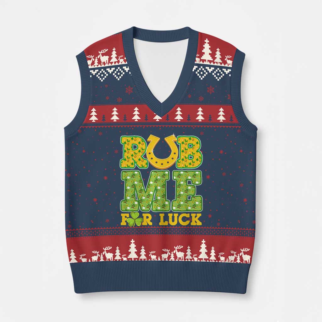 Funny St Patricks Day V-Neck Knit Sweater Vest Rub Me For Luck Shamrock Adult Humor TS02 Navy Red Print Your Wear