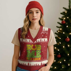 Funny St Patricks Day V-Neck Knit Sweater Vest Rub Me For Luck Shamrock Adult Humor TS02 Red Beige Print Your Wear